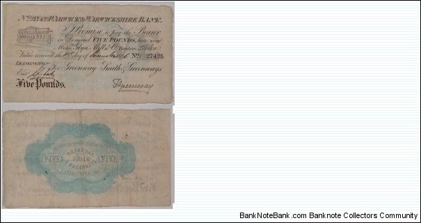 5 Pounds. Warwick & Warwickshire Bank.  Banknote