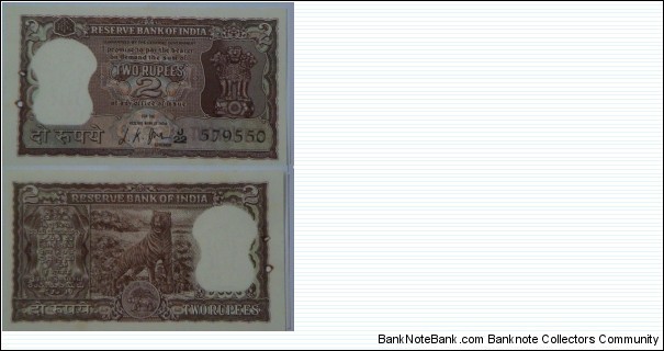 2 Rupees. LK Jha signature. Tiger. Banknote