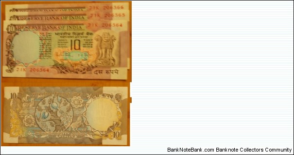 10 Rupees. RN Malhotra signature. Peacock series. Banknote