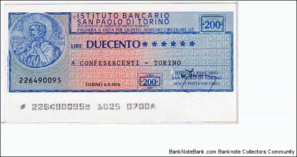 *Emergency Notes __  Local Mini-Check* __
200 Lire __ pk# NL __ Istituto San Paolo di Torino __ 06.09.1976  Banknote