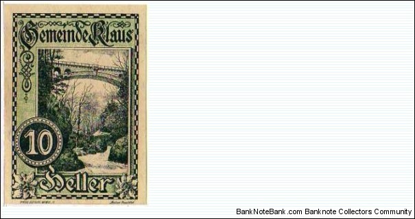 *NOTGELD* __ 10 Heller __ pk# NL __ GemeindeKlaus __ 27.03.1920 Banknote