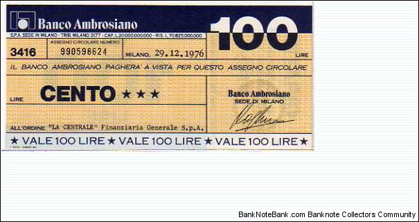 *Emergency Notes __ Local Mini-Check* __ 100 Lire __ pk# NL __ Banco Amrosiano __ 29.12.1976 __ Milano Banknote