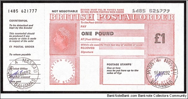 Bahamas 1992 1 Pound postal order. Banknote