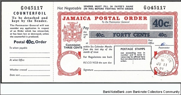 Jamaica 1991 40 Cents postal order. Banknote
