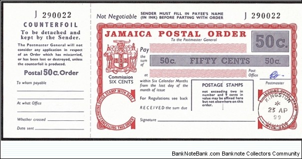 Jamaica 1999 50 Cents postal order. Banknote