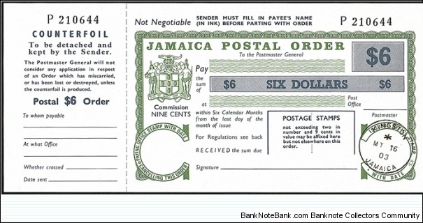 Jamaica 2003 6 Dollars postal order. Banknote