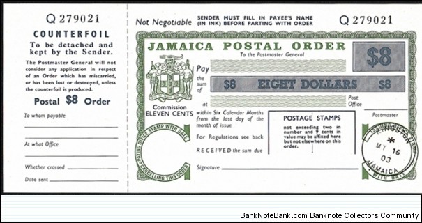 Jamaica 2003 8 Dollars postal order. Banknote