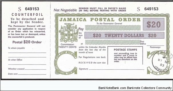 Jamaica 2003 20 Dollars postal order. Banknote