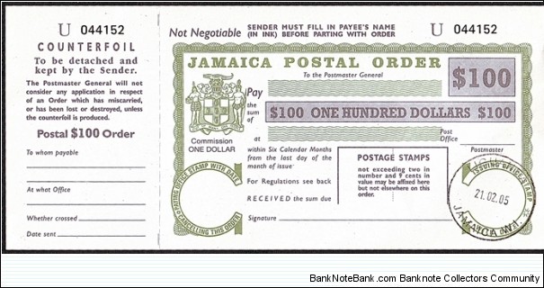 Jamaica 2005 100 Dollars postal order. Banknote