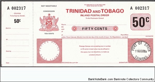 Trinidad & Tobago 1988 50 Cents postal order. Banknote