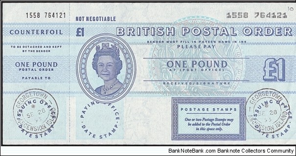 Ascension 1993 1 Pound postal order. Banknote