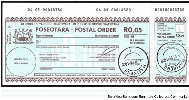 Bophuthatswana 1985 5 Cents postal order.

Mafikeng is better known as Mafeking. Banknote