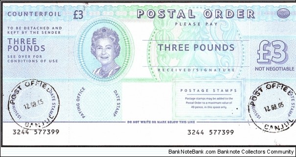 The Gambia 2005 3 Pounds postal order. Banknote