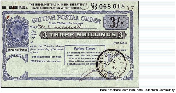 Kenya 1953 3 Shillings postal order.

King George VI Posthumous Issue under Queen Elizabeth II.

Issued at Mombasa. Banknote