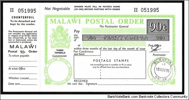 Malawi 1996 90 Tambala postal order. Banknote