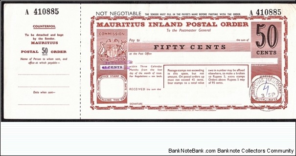 Mauritius 1980 50 Cents postal order.

The printer's name is located at the bottom on the front. Banknote