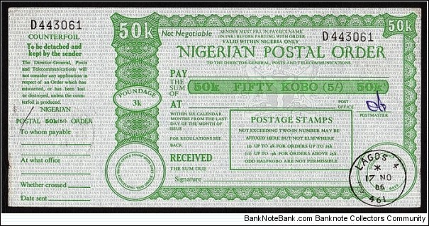 Nigeria 1986 50 Kobo postal order. Banknote