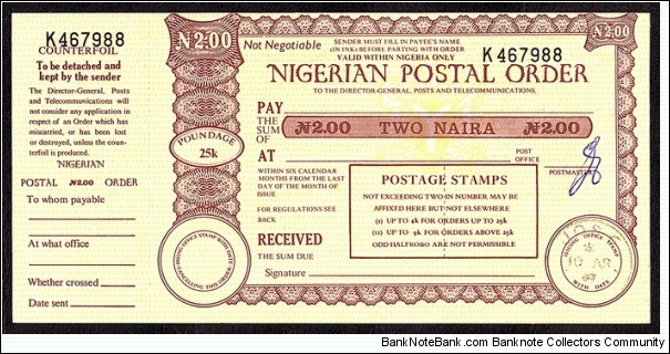 Nigeria 1987 2 Naira postal order. Banknote