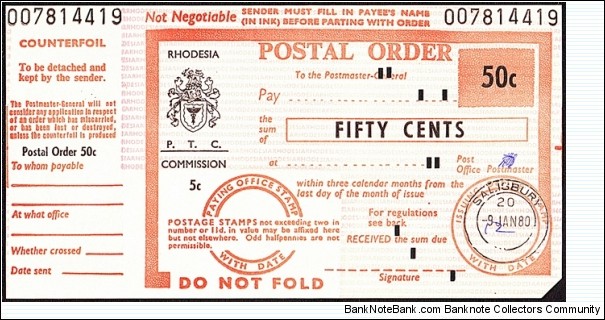 Rhodesia 1980 50 Cents postal order.

Very scarce issue of the post-U.D.I. Colony of Rhodesia (1979-80).

Cardboard. Banknote