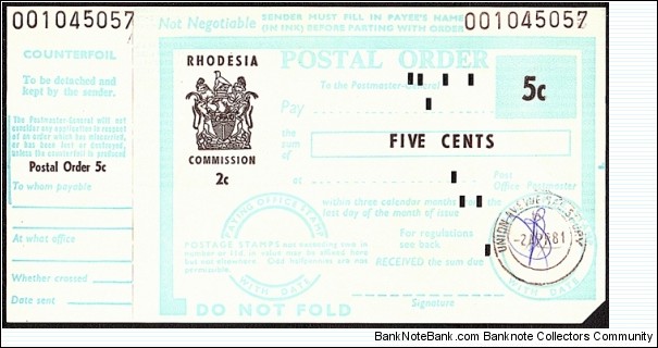 Rhodesian Remainder Issue 1981 5 Cents postal order.

Cardboard. Banknote