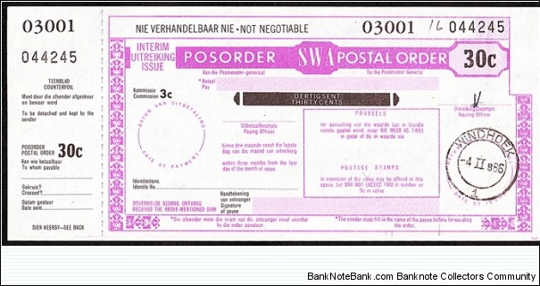 South West Africa 1986 30 Cents postal order.

Issued using a 1979 Interim Issue postal order form. Banknote