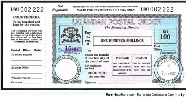 Uganda 1992 100 Shillings postal order. Banknote