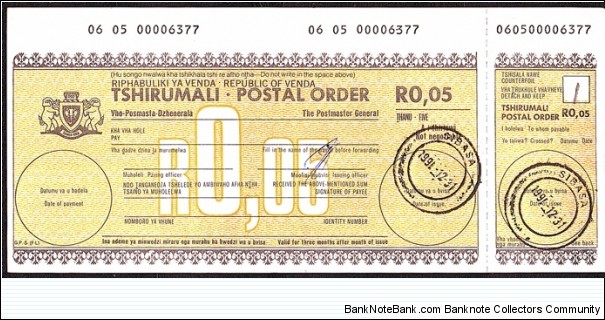 Venda 1991 5 Cents postal order. Banknote