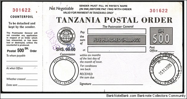 Zanzibar 2005 500 Shillings postal order. Banknote