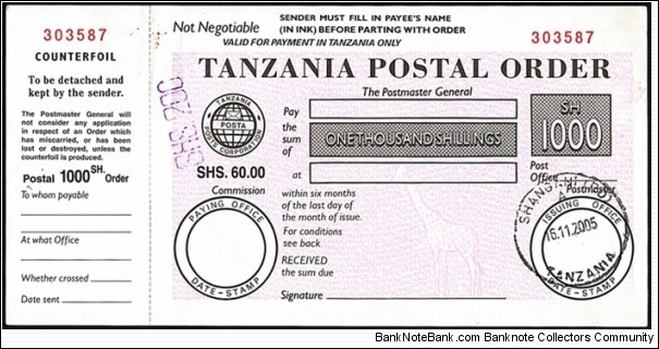 Zanzibar 2005 1,000 Shillings postal order. Banknote