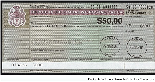 Zimbabwe 2004 50 Dollars postal order. Banknote