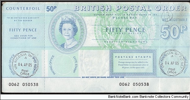 Cyprus 2005 50 Pence postal order.

Extremely rare British Field Post Office issue. Banknote