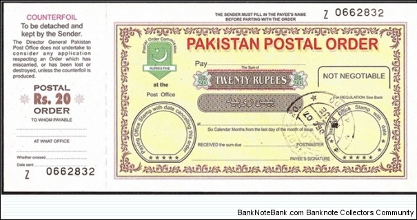 Pakistan 2007 20 Rupees postal order. Banknote