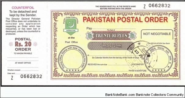 Pakistan 2007 20 Rupees postal order. Banknote