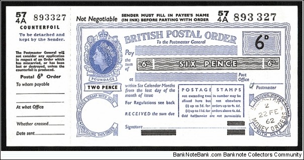 Gibraltar 1962 6 Pence postal order. Banknote