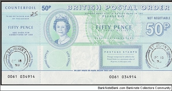 Malta 1999 50 Pence postal order. Banknote