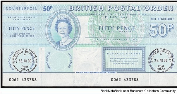 British Field Post Office in Croatia 2000 50 Pence postal order.

Very rare British Field Post Office issued postal order.

The first half of a reunited pair. Banknote