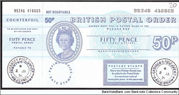 Alderney 1991 50 Pence postal order. Banknote