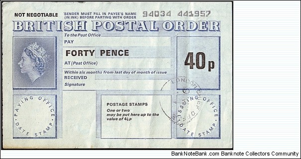 England 1974 40 Pence postal order. Banknote