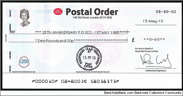 England 2010 50 Pence postal order.

Issued on the last day at the London 2010 Festival of Stamps. Banknote