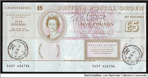 England 2002 5 Pounds postal order. Banknote