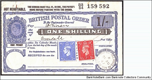 Isle of Man 1947 1 Shilling postal order. Banknote