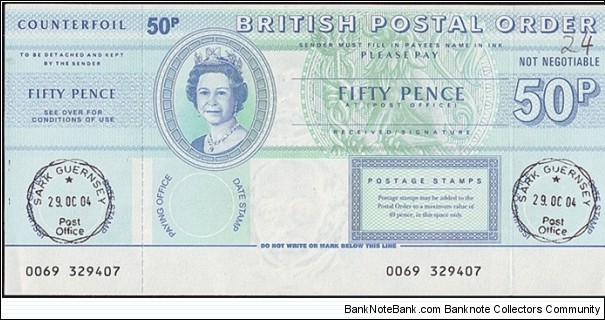 Sark 2004 50 Pence postal order. Banknote