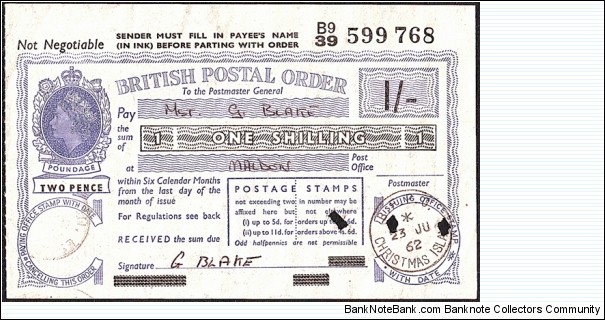 Gilbert & Ellice Islands 1962 1 Shilling postal order.

A very rare British Field Post Office issued postal order from Christmas Island (in the Pacific Ocean!). Banknote
