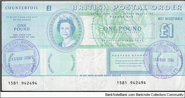 Fiji 2006 1 Pound postal order. Banknote