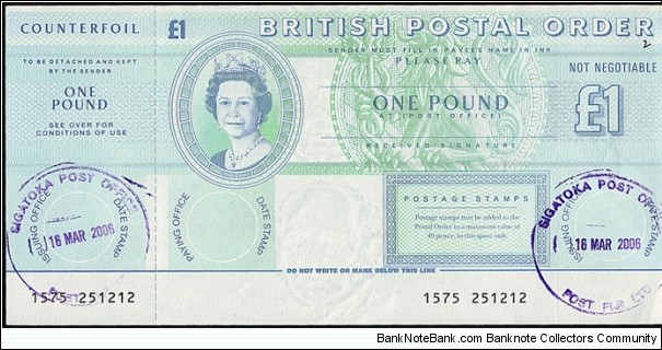 Fiji 2006 1 Pound postal order. Banknote