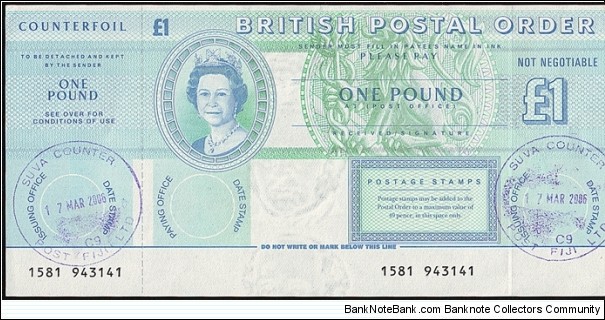 Fiji 2006 1 Pound postal order. Banknote