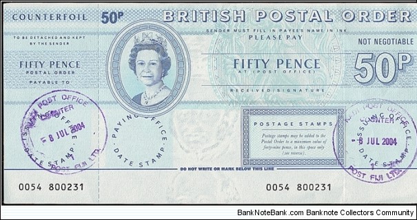 Fiji 2004 50 Pence postal order. Banknote