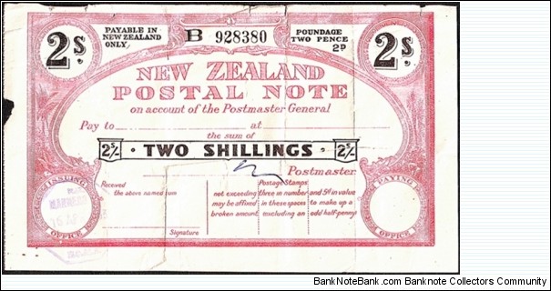 New Zealand 1953 2 Shillings postal note.

New Zealand ceased to issue postal notes in 1986 & British Postal Orders in around 1987 or 1988.

These have become extremely hard to find in any grade. Banknote