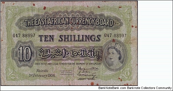 East Africa 1956 10 Shillings.

Used in the British Somaliland Protectorate (now the Republic of Somaliland),Kenya,Tanganyika,Uganda,& Zanzibar. Banknote