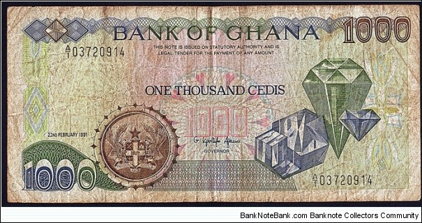 Ghana 1991 1,000 Cedis. Banknote